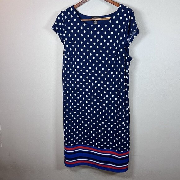 Liz Claiborne Career Dress Women’s Size XL Blue & White Polka Dot & Striped Hem - Picture 1 of 9